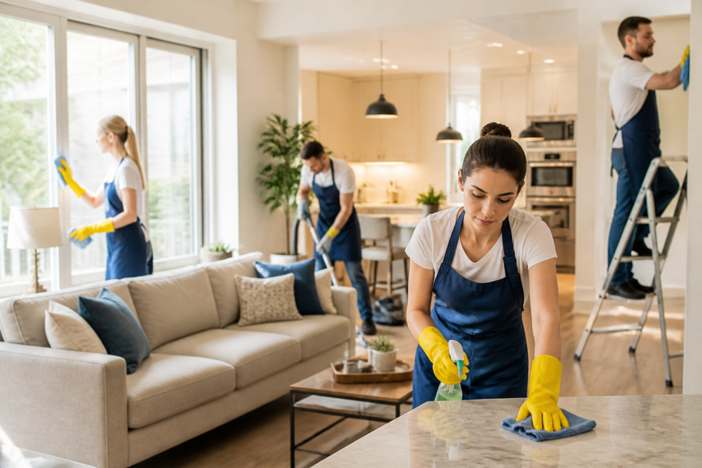 Benefits of deep cleaning—A person thoroughly cleaning a living room with various cleaning supplies and tools visible