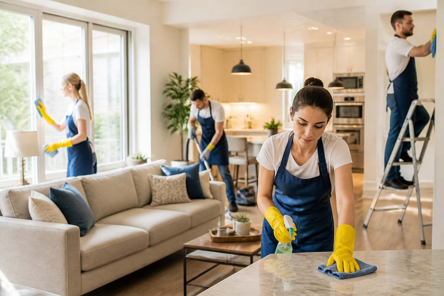 Benefits of deep cleaning—A person thoroughly cleaning a living room with various cleaning supplies and tools visible