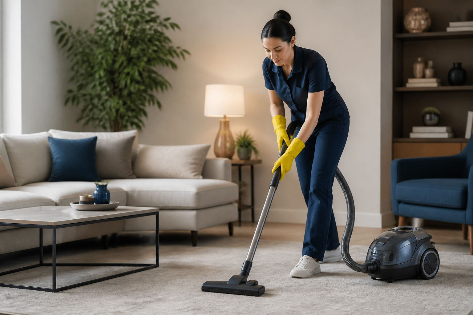 home maintenance cleaning — a cleaner vacuuming a living room with modern furniture