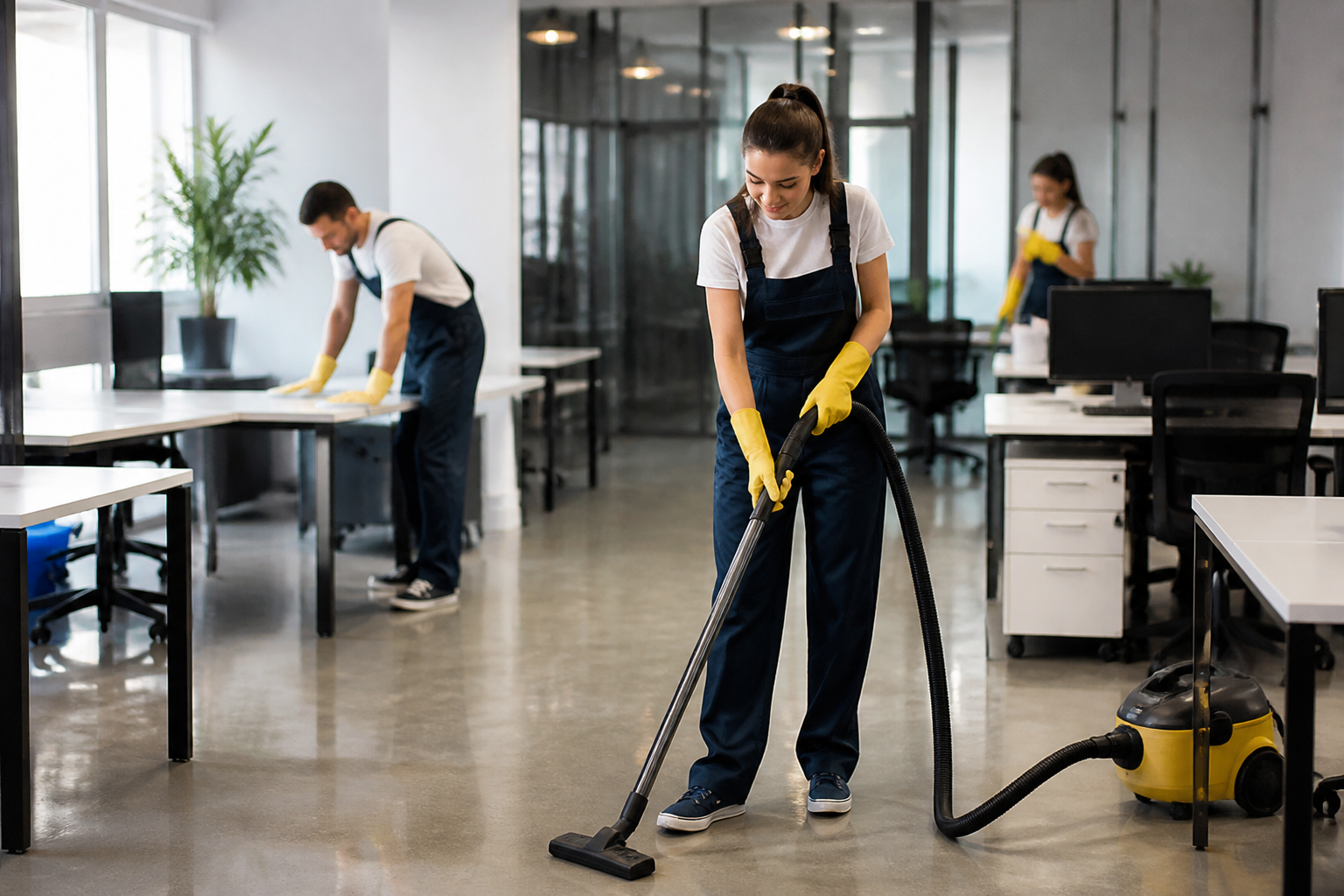 office cleaning services — a team of professional cleaners working diligently in a modern office space