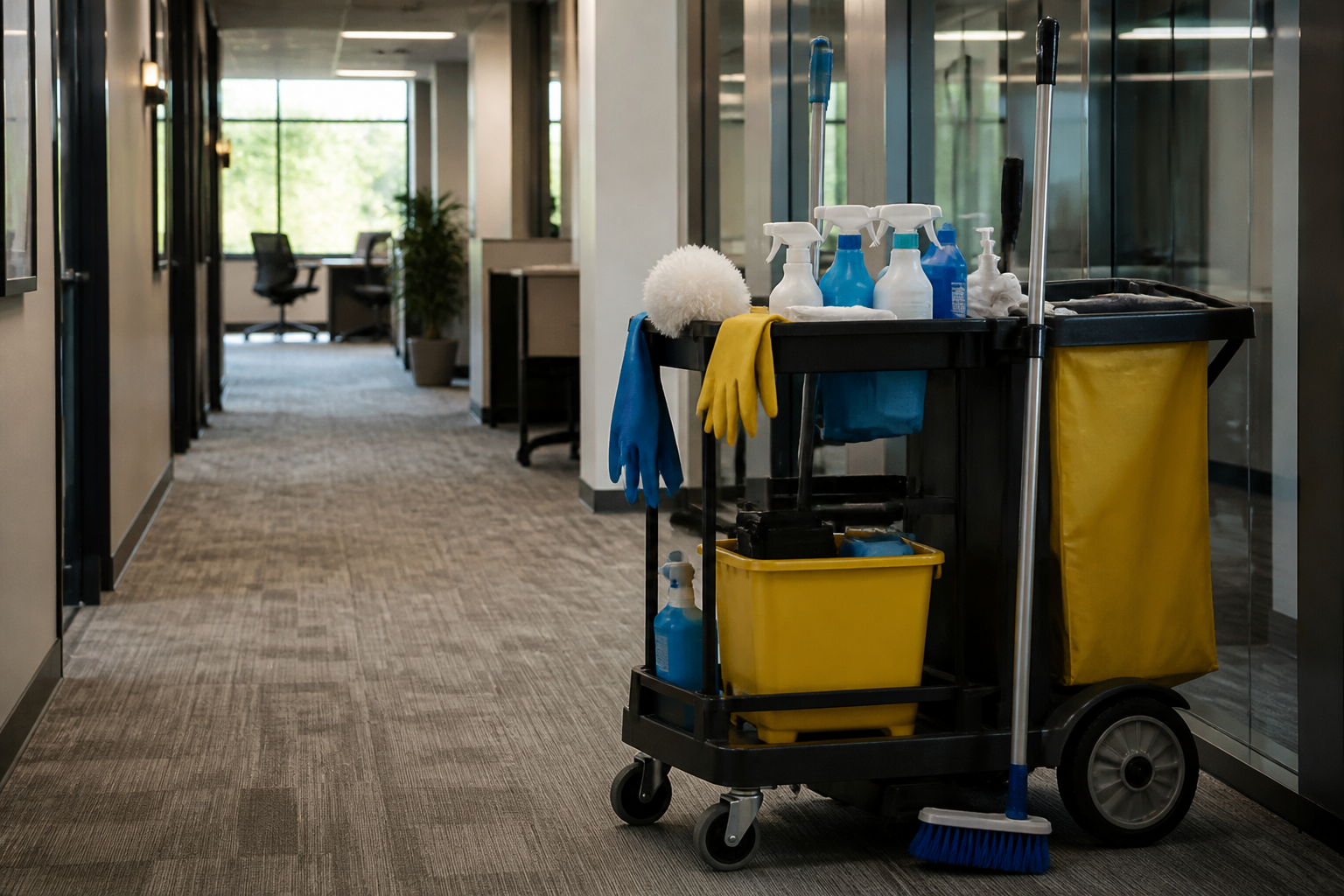 commercial cleaning Charleston — a janitorial cart filled with cleaning supplies in a busy office hallway